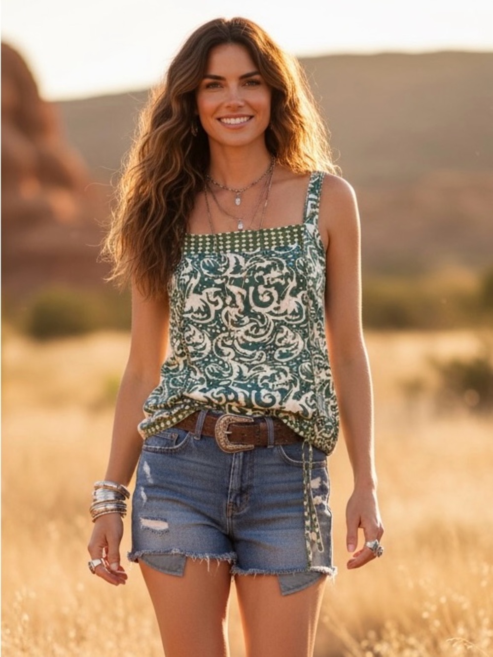 Anthropologie Tiny Green Paisley Tie Side Tank Top Boho Western Cottagecore